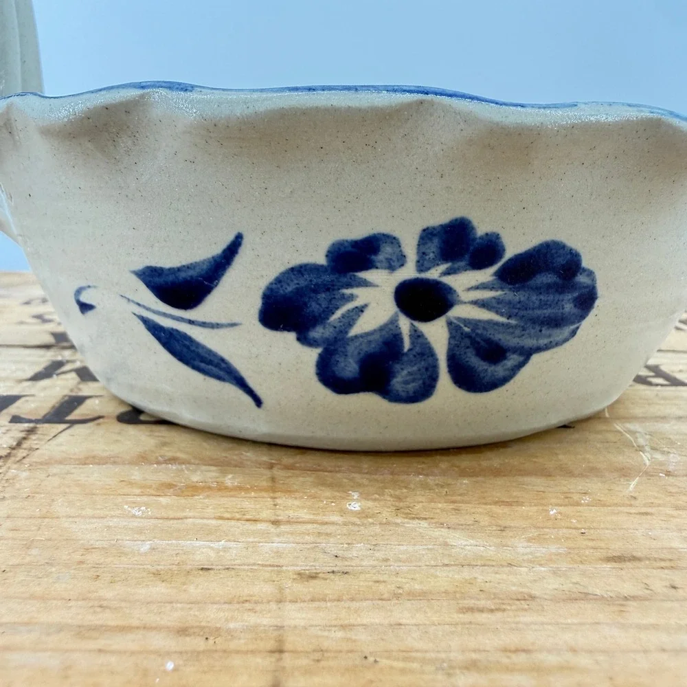Williamsburg Pottery Chamberstick Candle Holder Cream Blue Floral Stoneware
